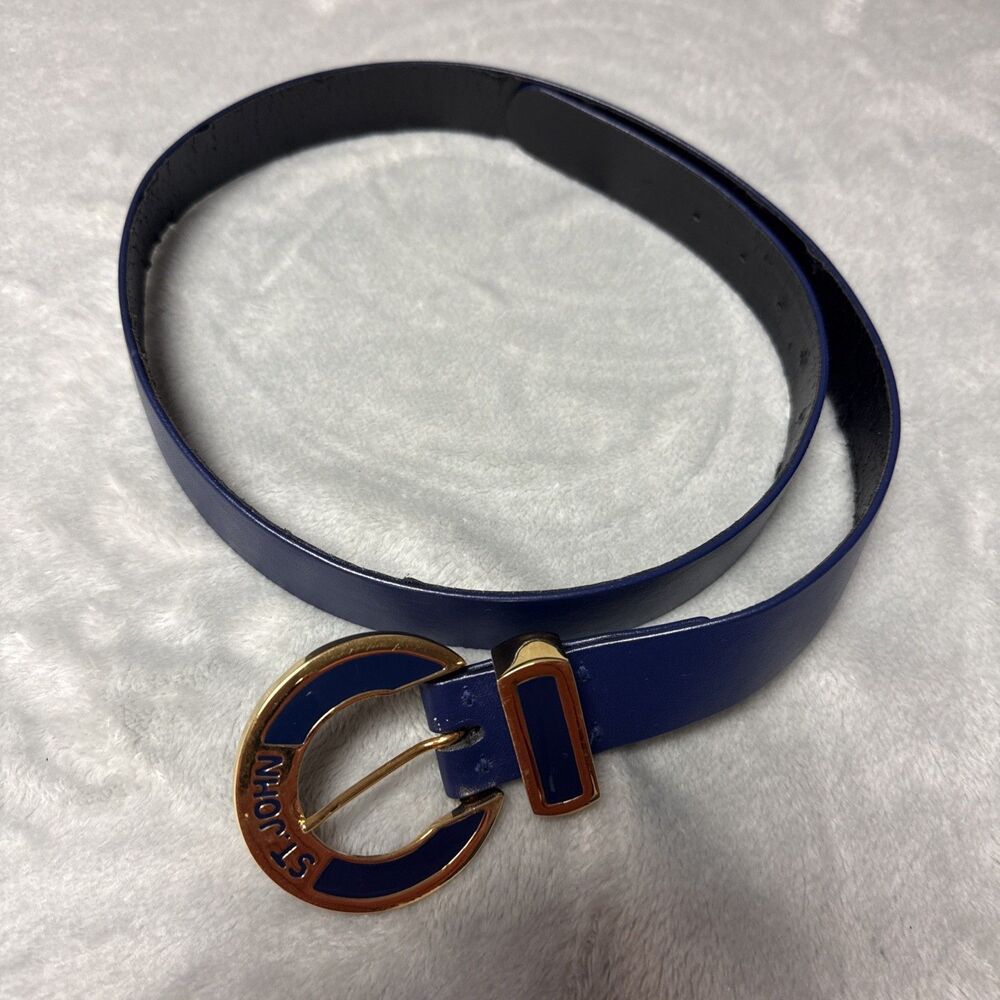 Vintage St. John Belt Navy Blue Leather With Gold Tone Buckle 37” Sz 12